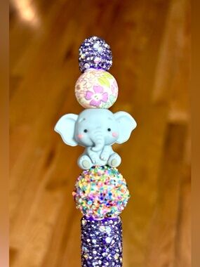 NEW Cute Elephant Top Purple Glitter Beaded Pen